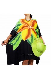 Poncho Top Dress Black Orange Flower Handpainting Made in Bali